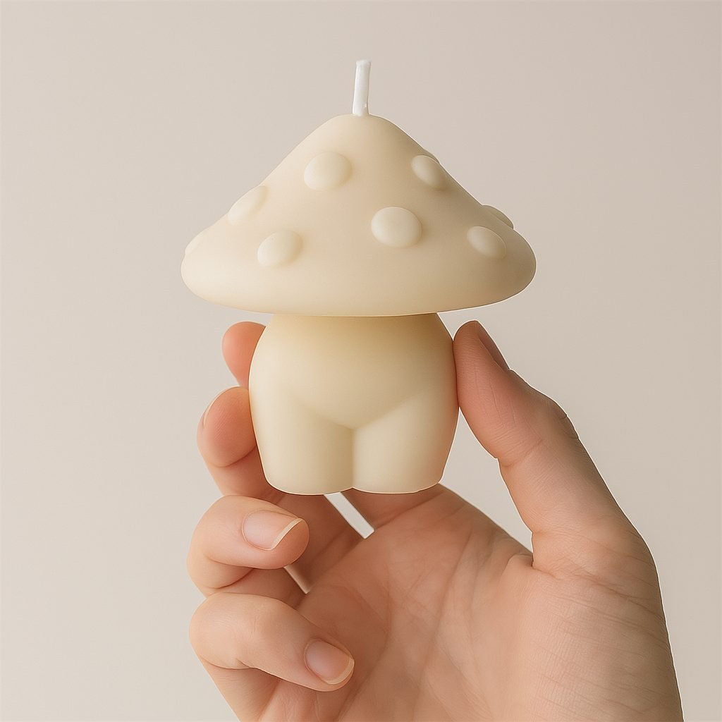 Vela artesanal con forma de mujer y sombrero de seta – Cera de soja natural y fragancia única