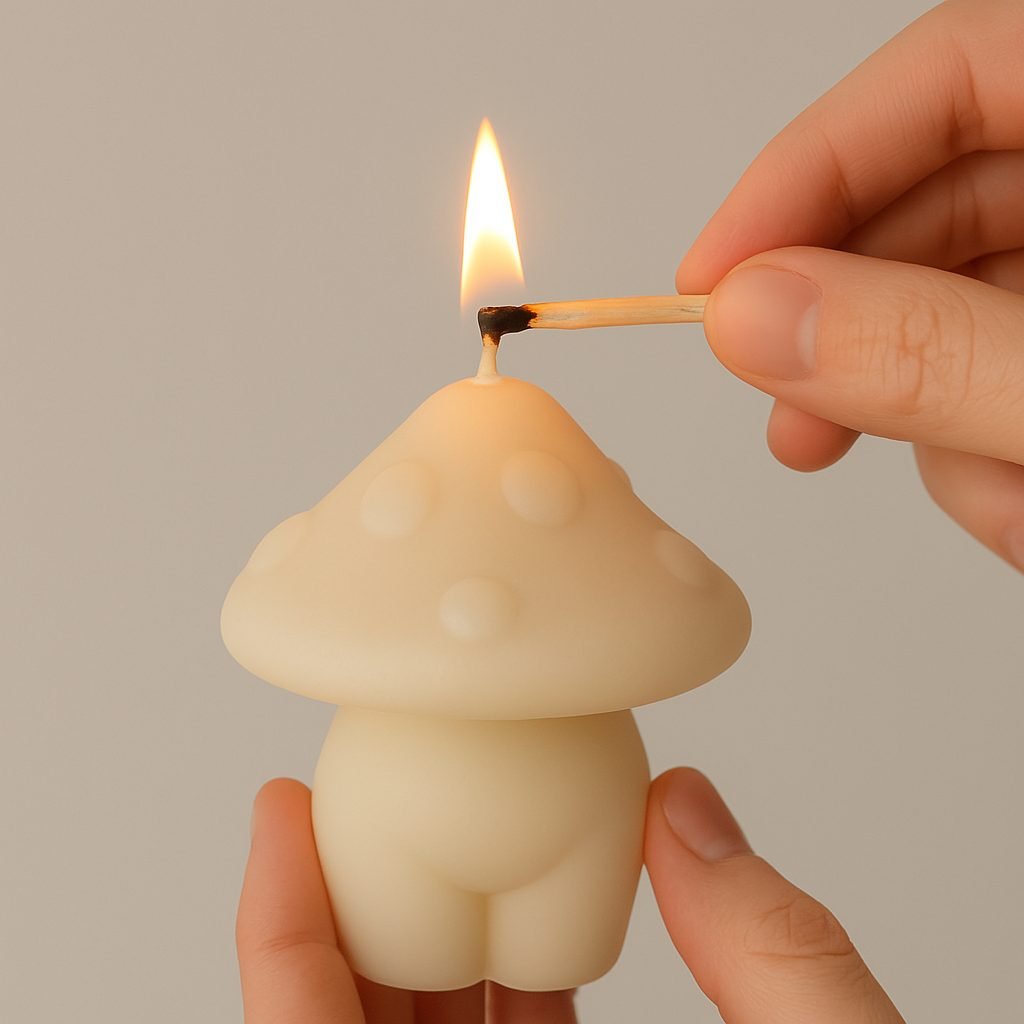 Vela artesanal con forma de mujer y sombrero de seta – Cera de soja natural y fragancia única