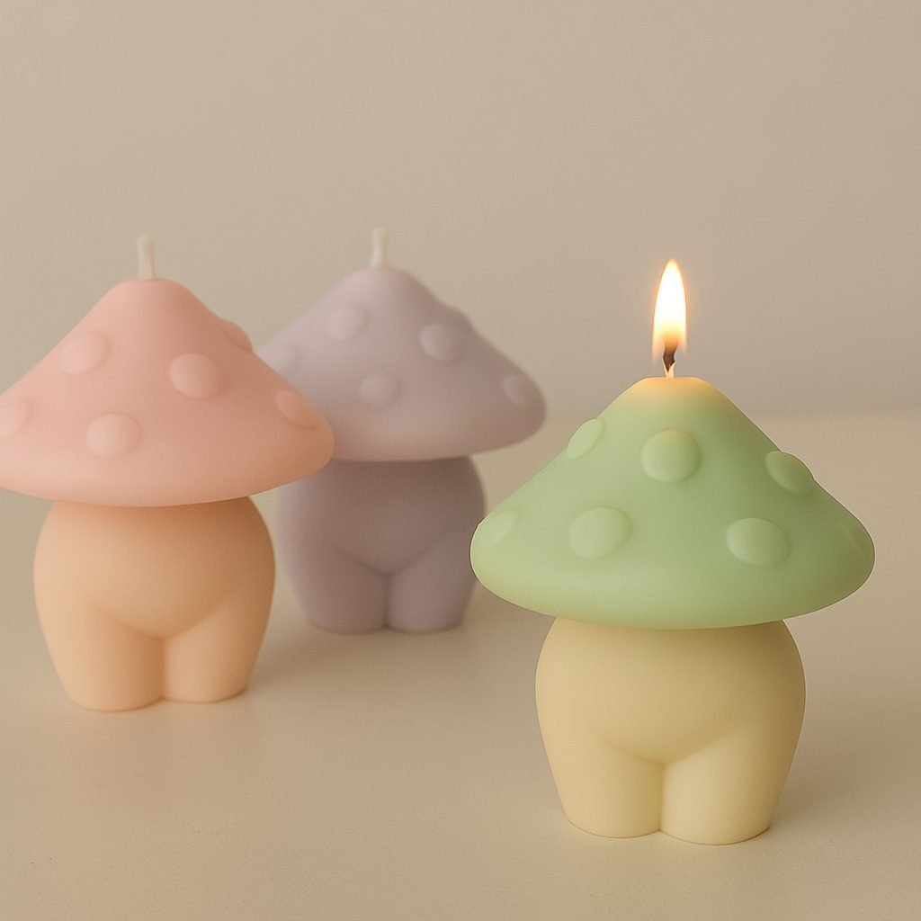 Vela artesanal con forma de mujer y sombrero de seta – Cera de soja natural y fragancia única