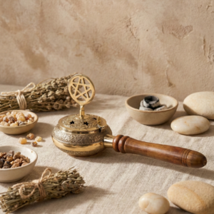 Incensario de Latón con Mango de Madera y Pentagrama ritual protección