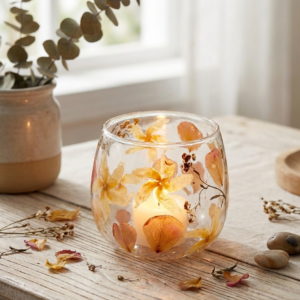 Portavelas recto de Vidrio floral natural - rosa - (8x8cm)