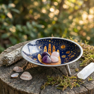 Plato de ofrenda Hamsa azul medianoche de 16x4 cm con tres patas - AromArte