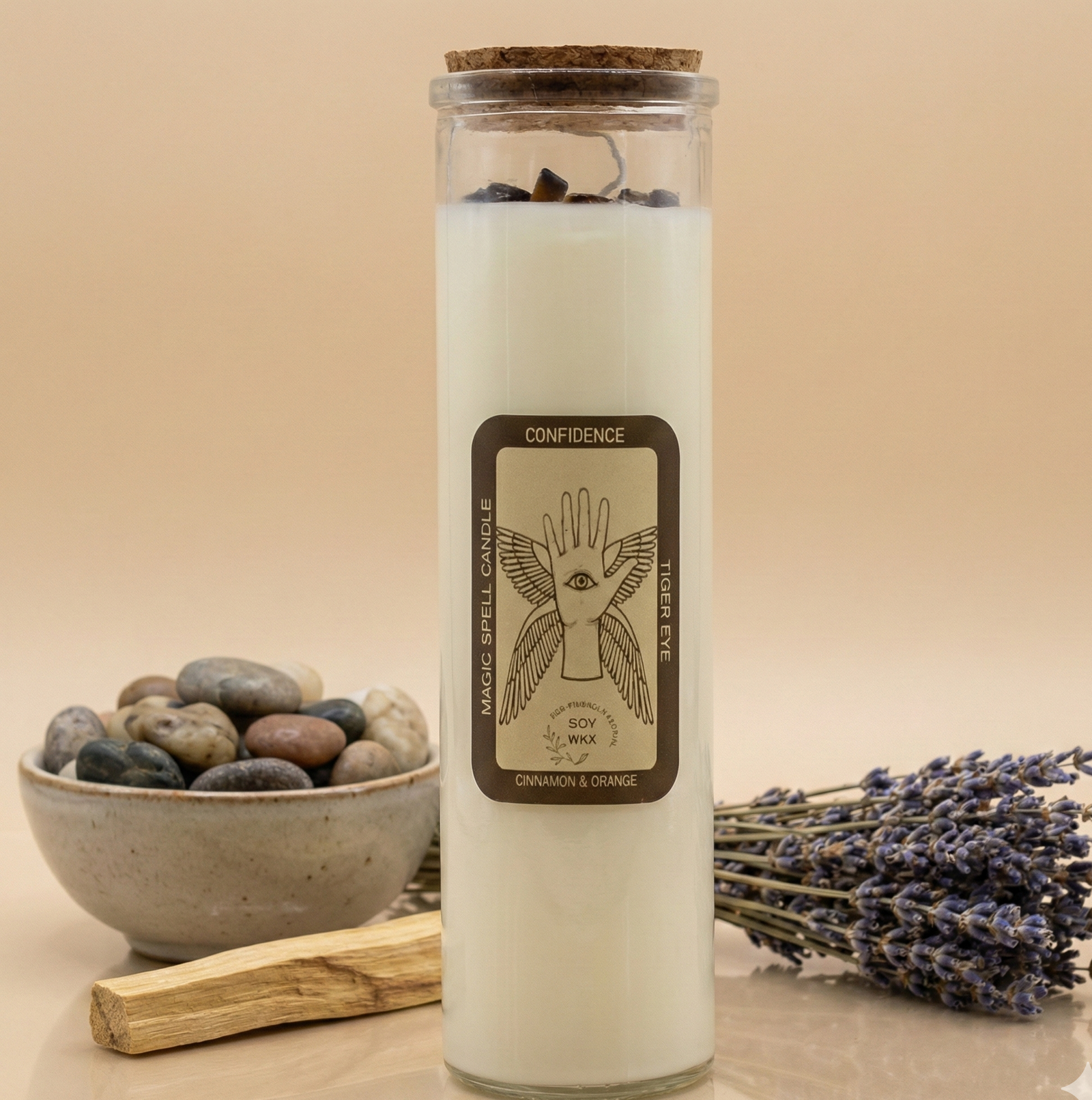 Vela Hechizo Mágico Confianza con Ojo de Tigre y aroma a Canela y Naranja - AromArte