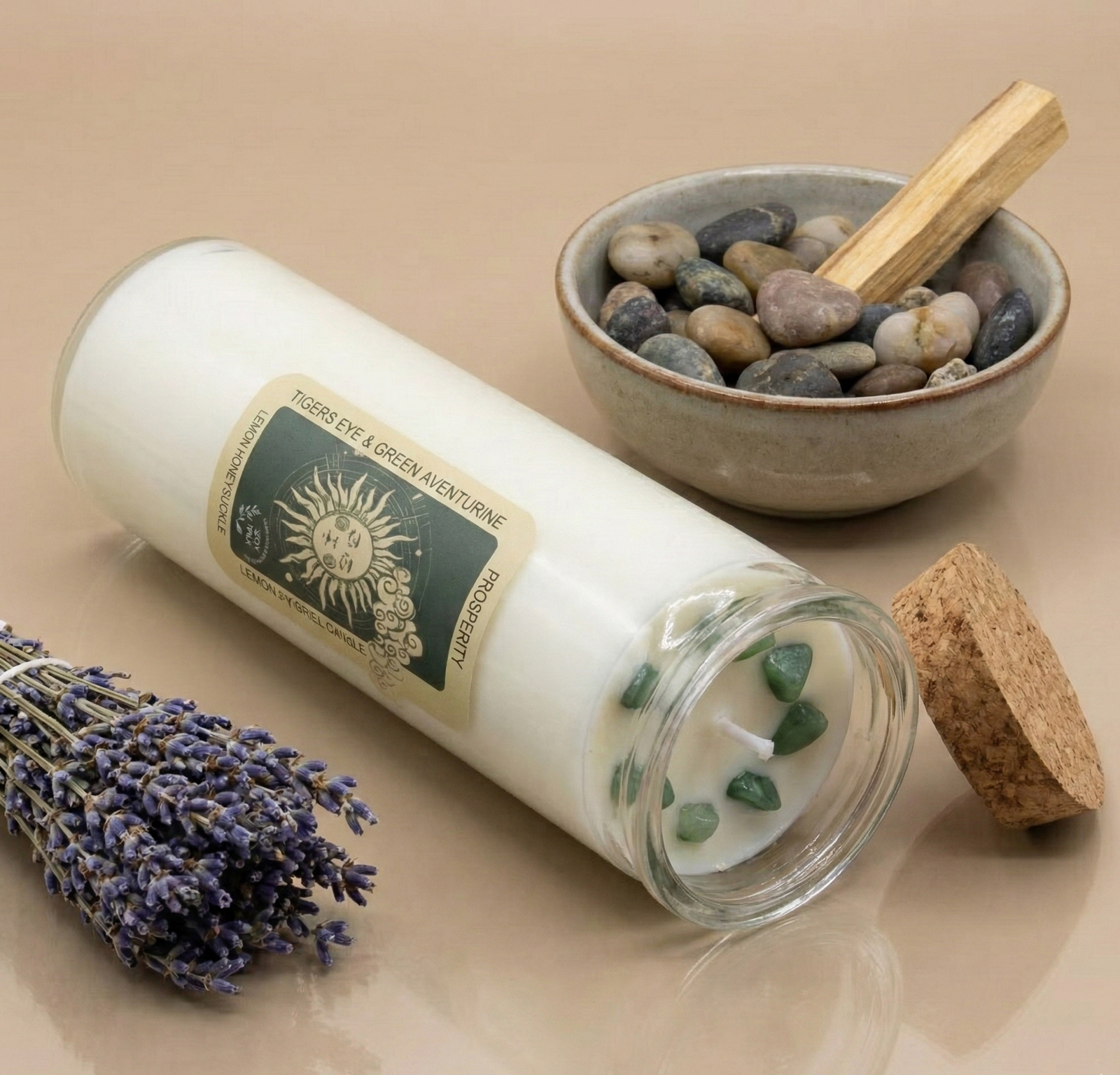 Vela Hechizo Mágico Prosperidad con Ojo de Tigre y Aventurina Verde - AromArte