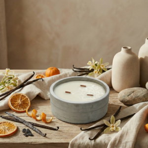 Vela de cemento redondo grande con aroma a vainilla y naranja