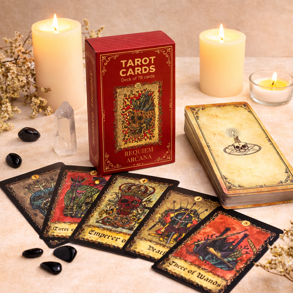 Baraja de Tarot Requiem Arcana con ilustraciones de esqueletos de estilo gótico.