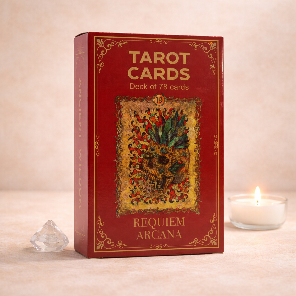 Baraja de Tarot Requiem Arcana con ilustraciones de esqueletos de estilo gótico.