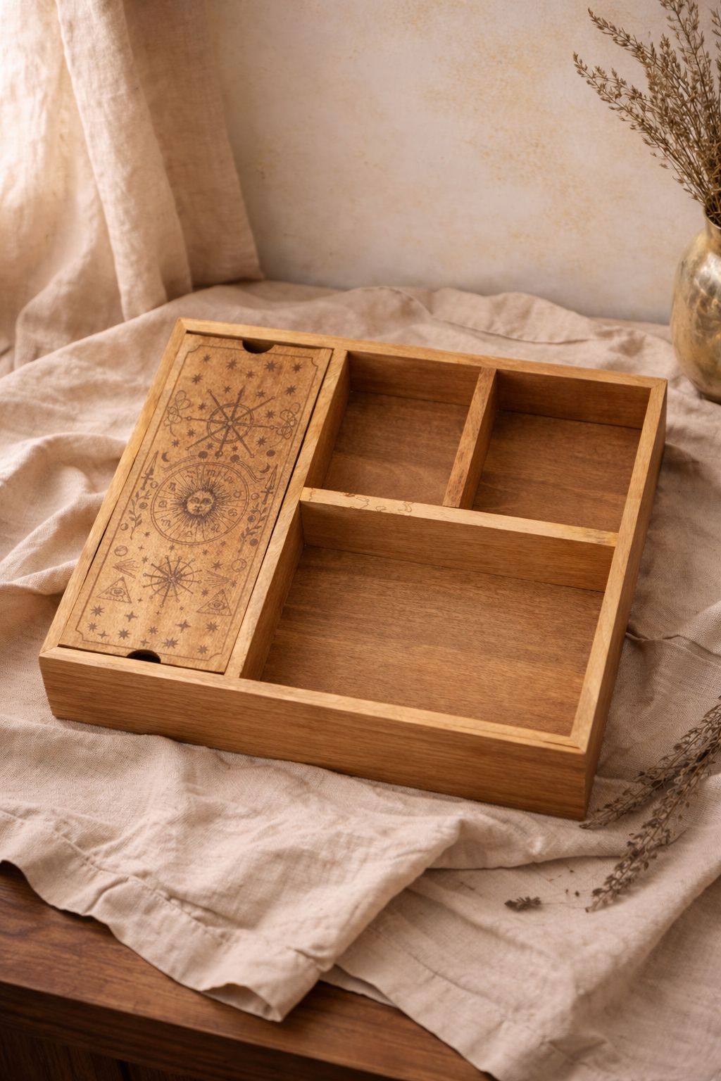 Caja de Tarot de Madera de Mango con 4 Compartimentos y Soporte (2)