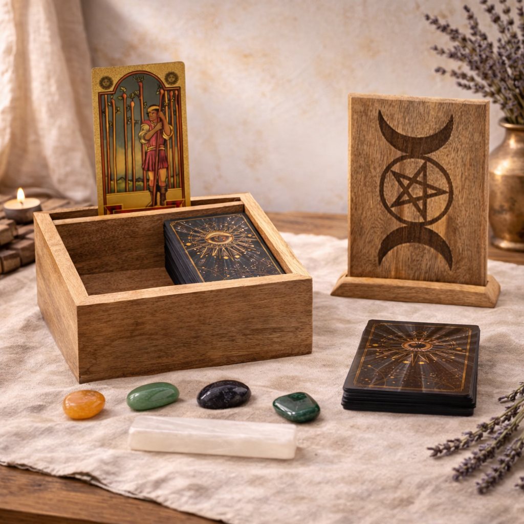 Pequeña caja de Tarot con soporte para cartas