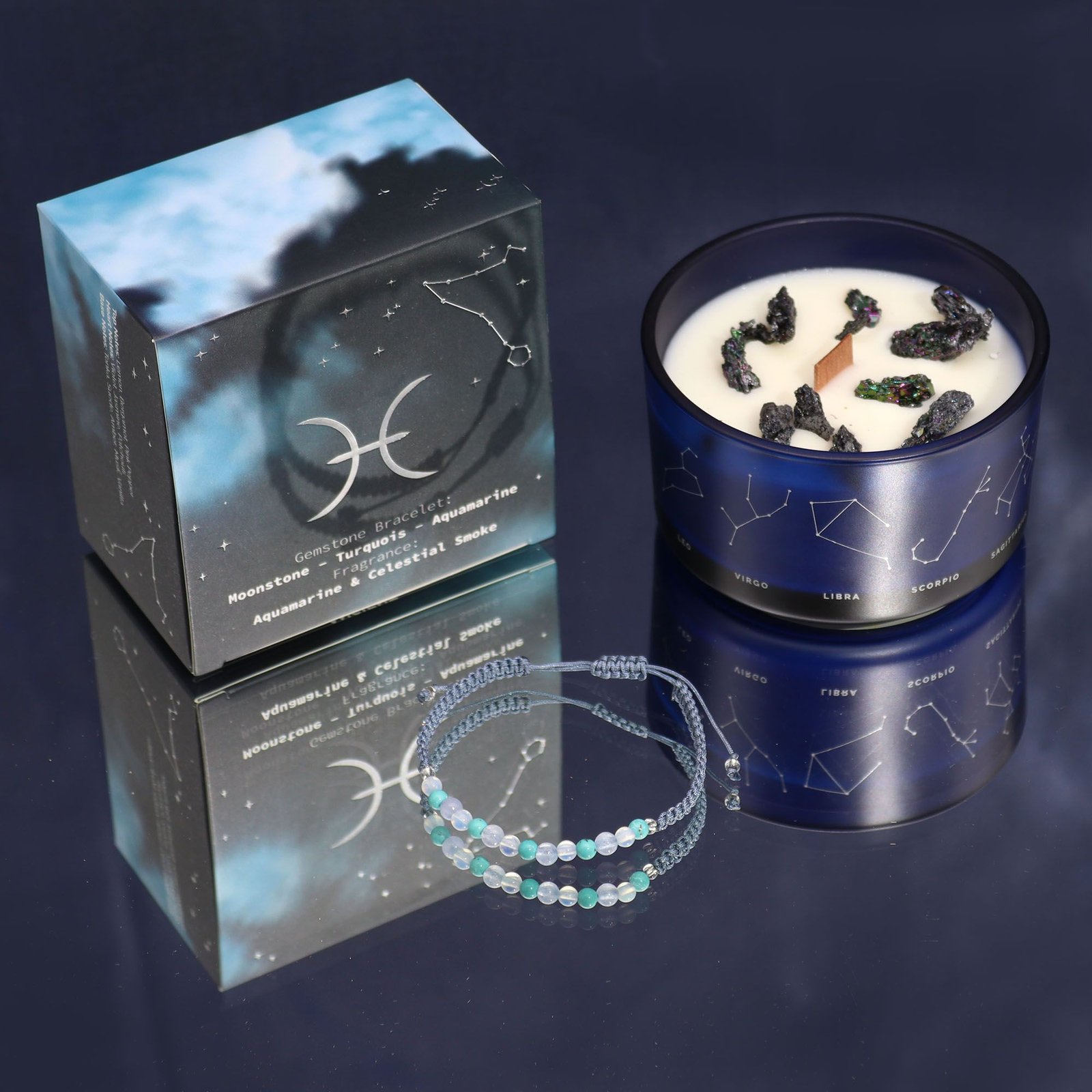 Vela Zodiaco Piscis con pulsera de gemas naturales de Aromarte