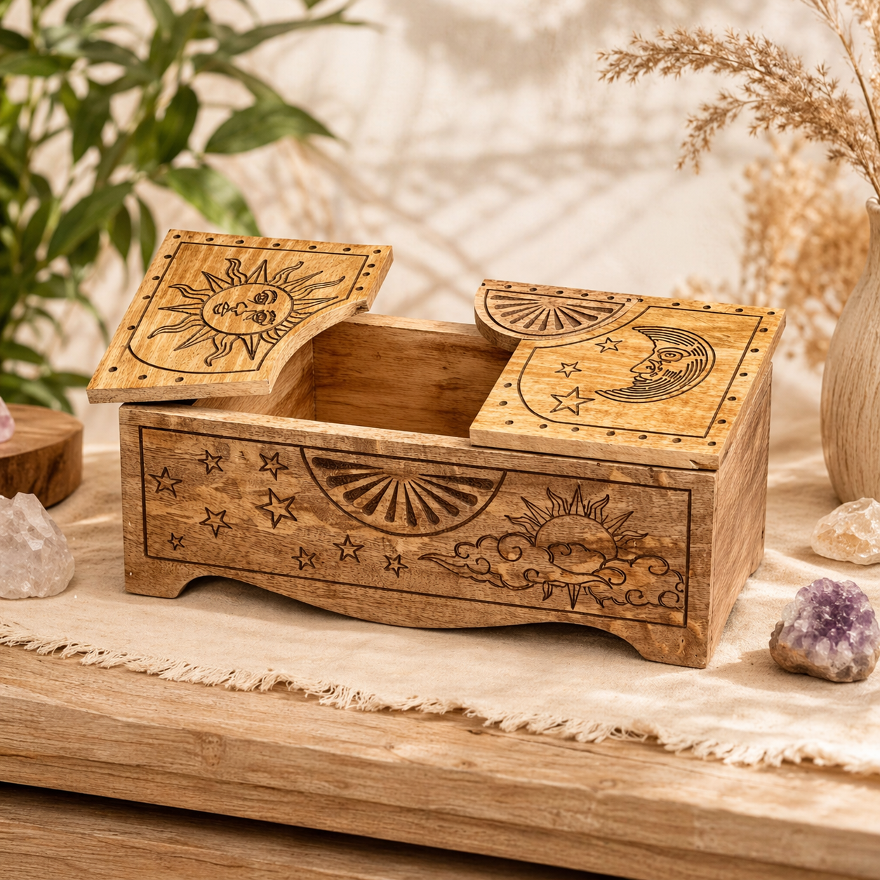 Caja Deslizante Tallada con Sol y Luna