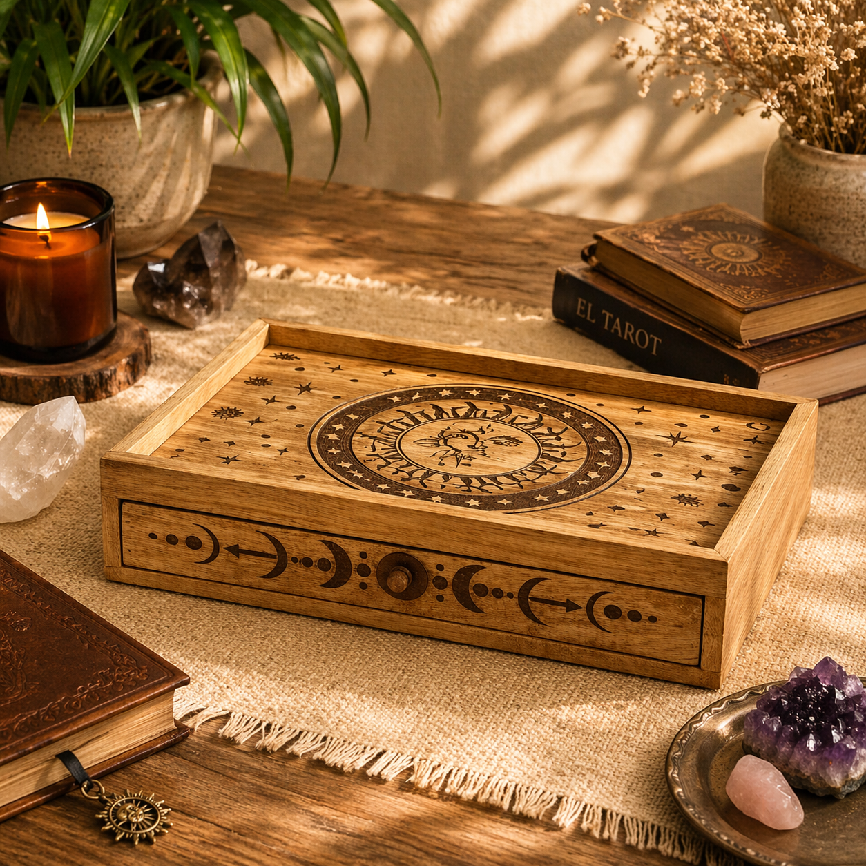 Caja de tarot tallada con Sol y Luna y cajón (2)