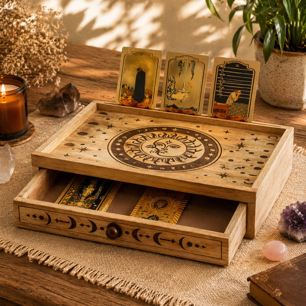 Caja de tarot tallada con Sol y Luna y cajón