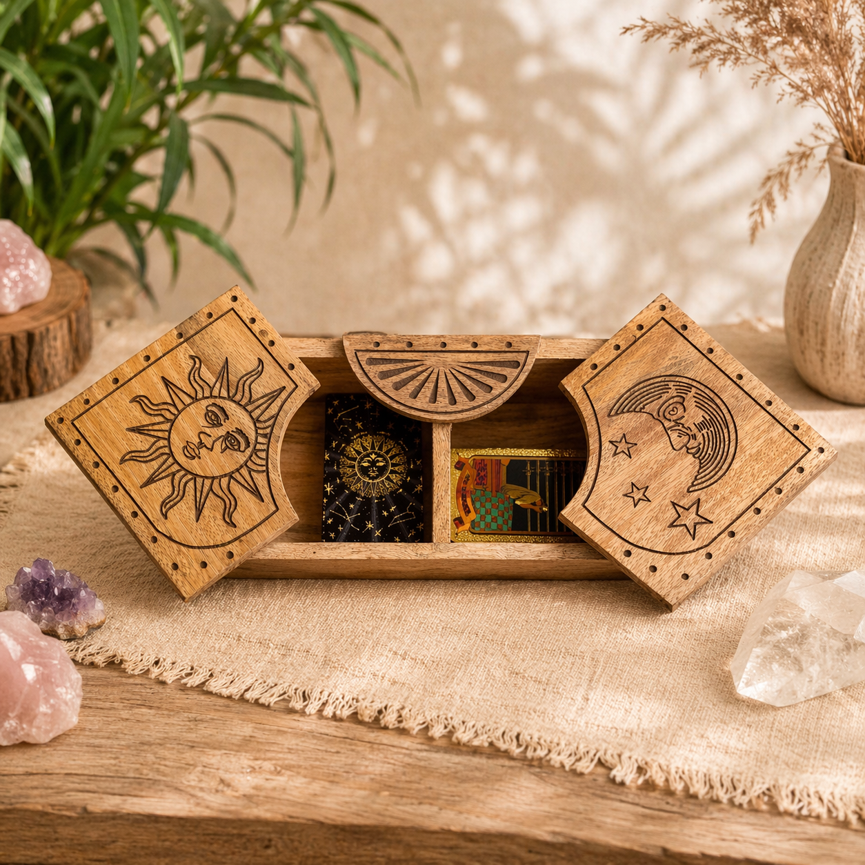 Caja deslizante tallada con Sol y Luna 1