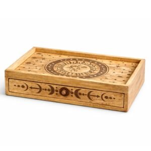 Caja de tarot tallada con Sol y Luna y cajón